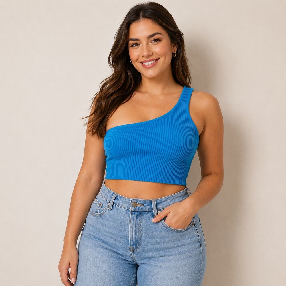 House of Harlow 1960 Sculpt Knit One-Shoulder Cropped Ribbed Tank Blue Small